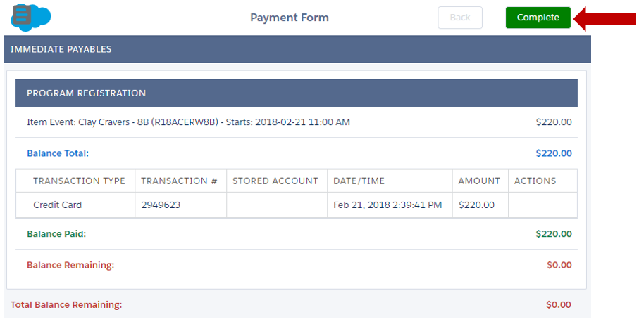 Screenshot of JCCSF registration completion