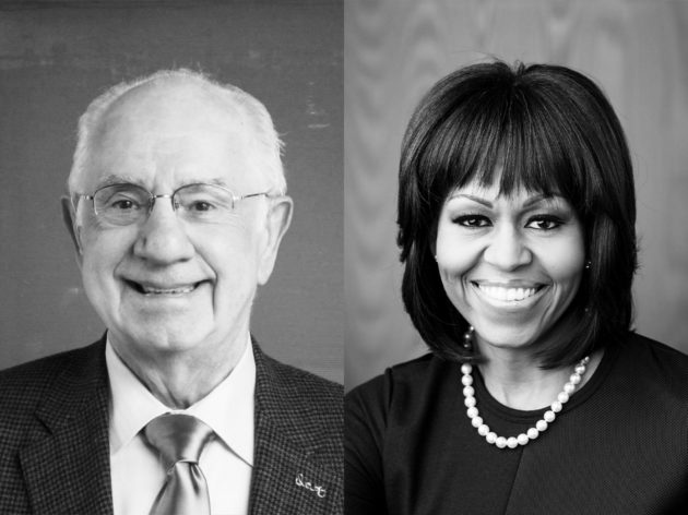 Black and white profile pictures of Michelle Obama and Oak Dowling